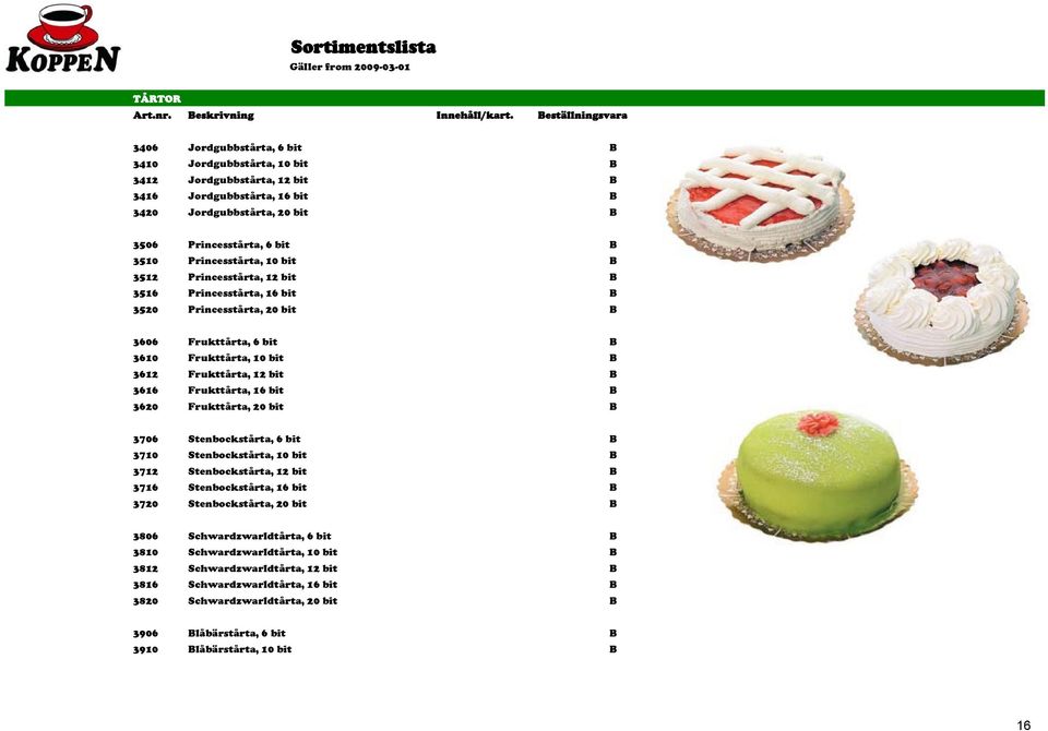 Princesstårta, 10 bit 3512 Princesstårta, 12 bit 3516 Princesstårta, 16 bit 3520 Princesstårta, 20 bit 3606 Frukttårta, 6 bit 3610 Frukttårta, 10 bit 3612 Frukttårta, 12 bit 3616 Frukttårta, 16 bit