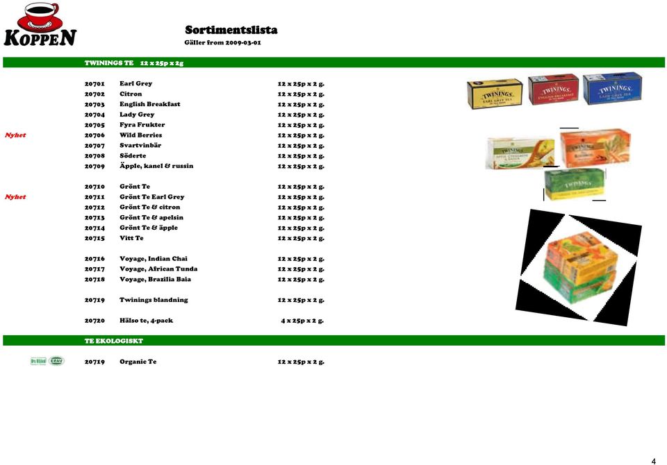 Grönt Te & citron 20713 Grönt Te & apelsin 20714 Grönt Te & äpple 20715 Vitt Te 20716 Voyage, Indian Chai 20717 Voyage,