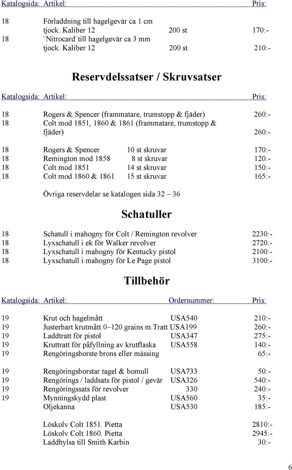 260:- 18 Rogers & Spencer 10 st skruvar 170:- 18 Remington mod 1858 8 st skruvar 120:- 18 Colt mod 1851 14 st skruvar 150:- 18 Colt mod 1860 & 1861 15 st skruvar 165:- Övriga reservdelar se katalogen