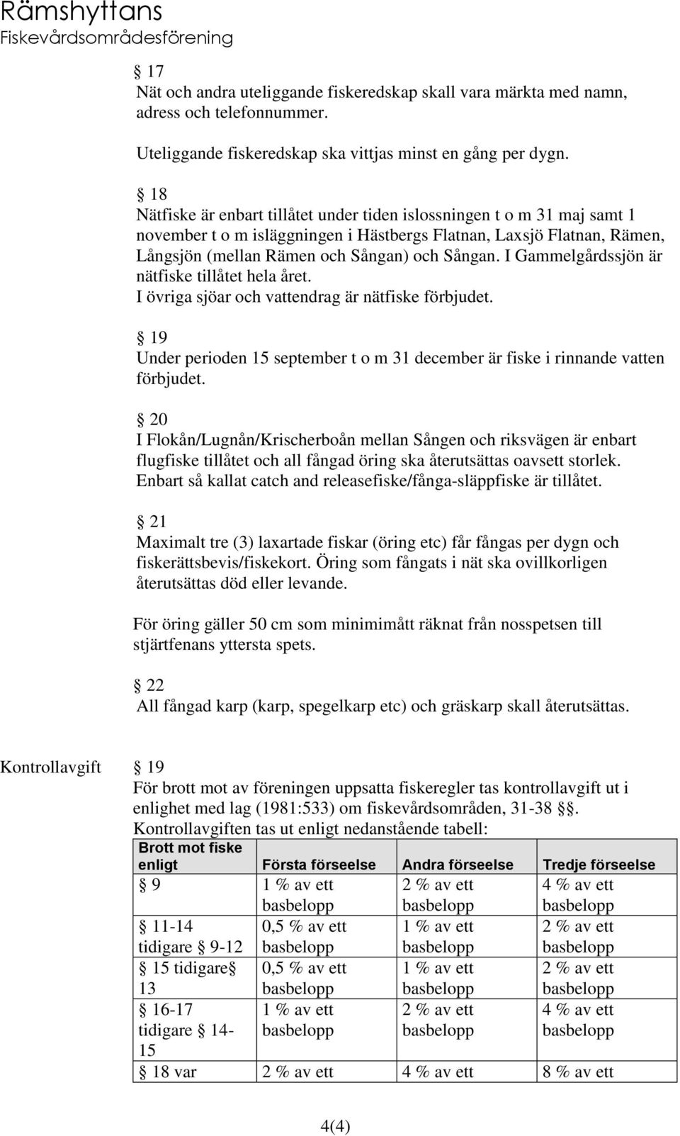 I Gammelgårdssjön är nätfiske tillåtet hela året. I övriga sjöar och vattendrag är nätfiske förbjudet. 19 Under perioden 15 september t o m 31 december är fiske i rinnande vatten förbjudet.