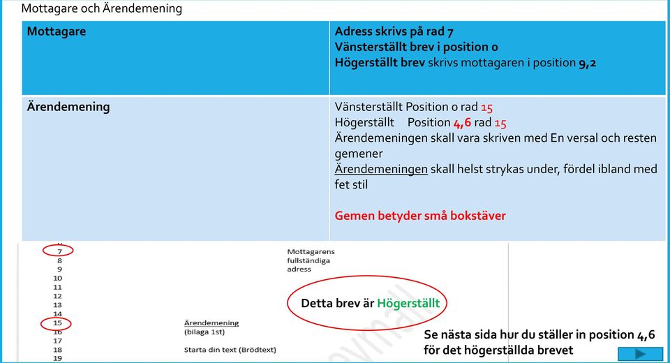 skall vara skriven med En versal och resten gemener Ärendemeningen skall helst strykas under, fördel ibland med fet stil