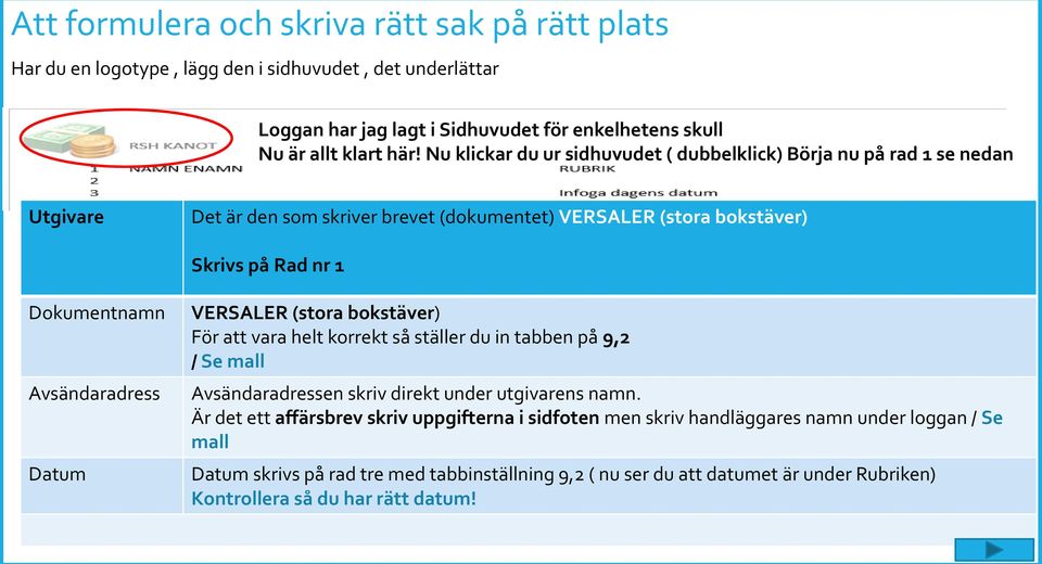 Avsändaradress Datum VERSALER (stora bokstäver) För att vara helt korrekt så ställer du in tabben på 9,2 / Se mall Avsändaradressen skriv direkt under utgivarens namn.