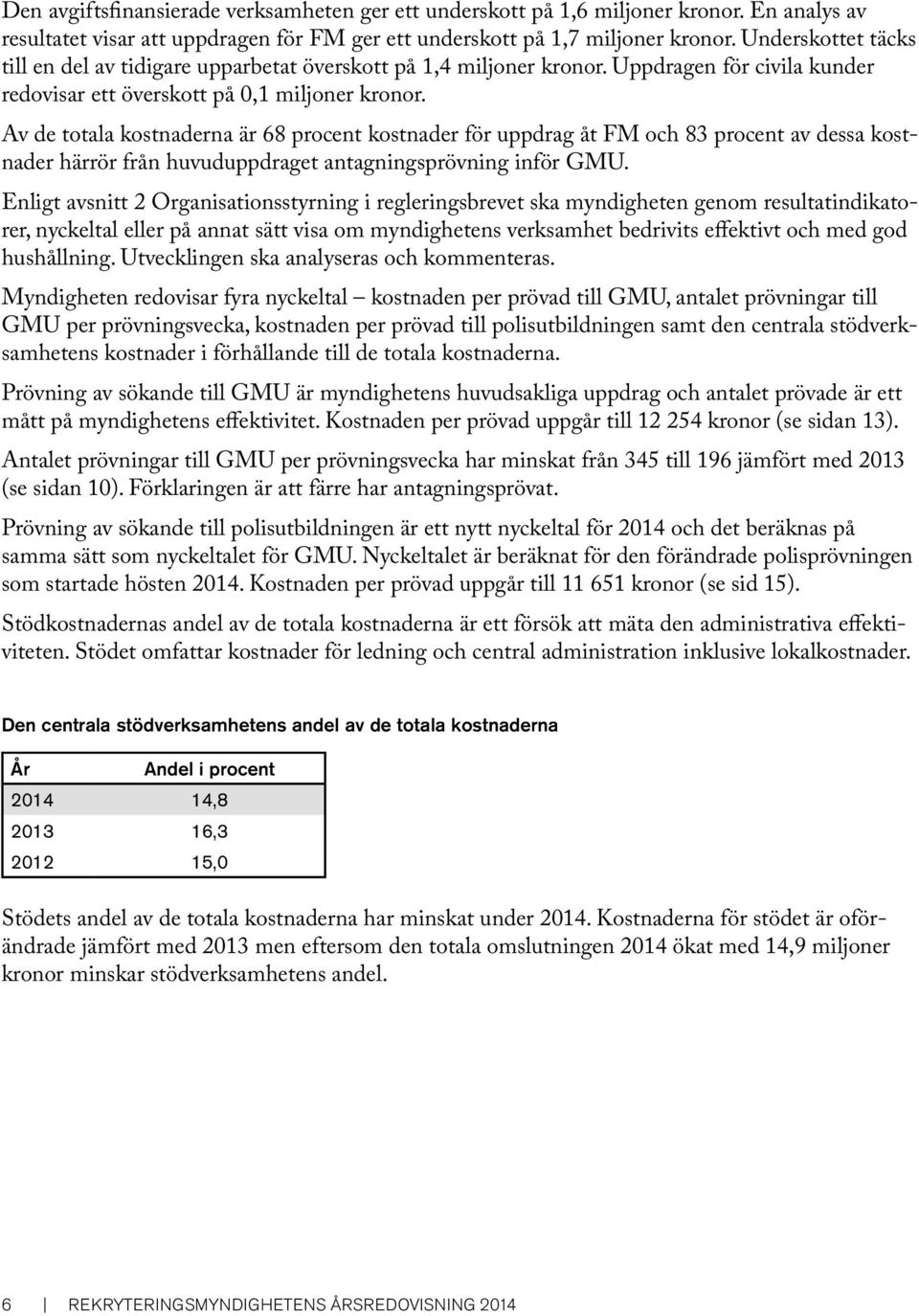 Av de totala kostnaderna är 68 procent kostnader för uppdrag åt FM och 83 procent av dessa kostnader härrör från huvuduppdraget antagningsprövning inför GMU.