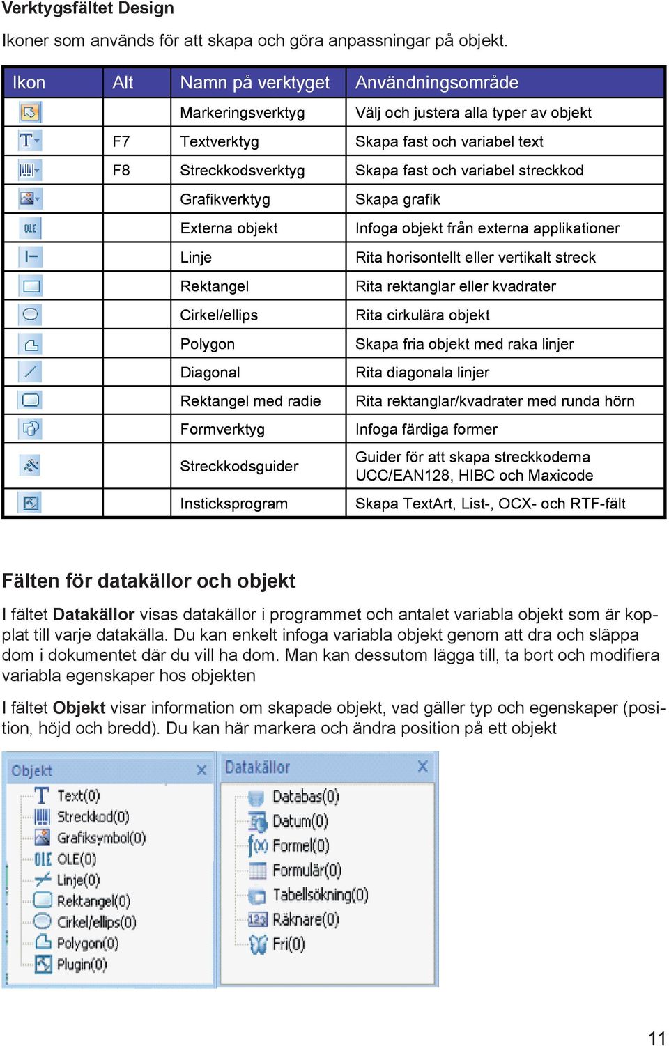 Grafikverktyg Skapa grafik Externa objekt Infoga objekt från externa applikationer Linje Rita horisontellt eller vertikalt streck Rektangel Rita rektanglar eller kvadrater Cirkel/ellips Rita