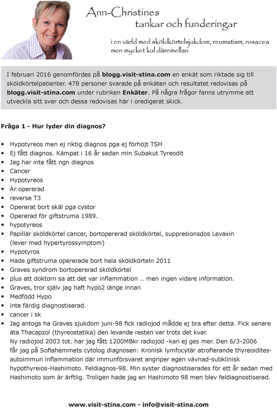 Kämpat i 16 år sedan min Subakut Tyreodit Jag har inte fått ngn diagnos Cancer Hypotyreos Är opererad reverse T3 Opererat bort skäl pga cystor Opererad för giftstruma 1989.