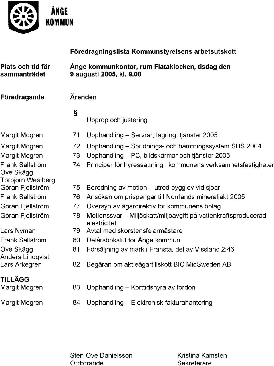 00 Föredragande Ärenden Upprop och justering Margit Mogren 71 Upphandling Servrar, lagring, tjänster 2005 Margit Mogren 72 Upphandling Spridnings- och hämtningssystem SHS 2004 Margit Mogren 73