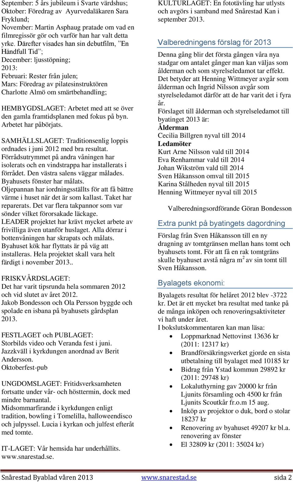 HEMBYGDSLAGET: Arbetet med att se över den gamla framtidsplanen med fokus på byn. Arbetet har påbörjats. SAMHÄLLSLAGET: Traditionsenlig loppis ordnades i juni 2012 med bra resultat.