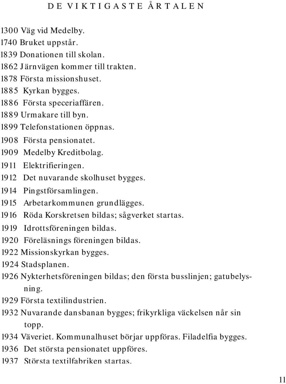 1914 Pingstförsamlingen. 1915 Arbetarkommunen grundlägges. 1916 Röda Korskretsen bildas; sågverket startas. 1919 Idrottsföreningen bildas. 1920 Föreläsnings föreningen bildas.