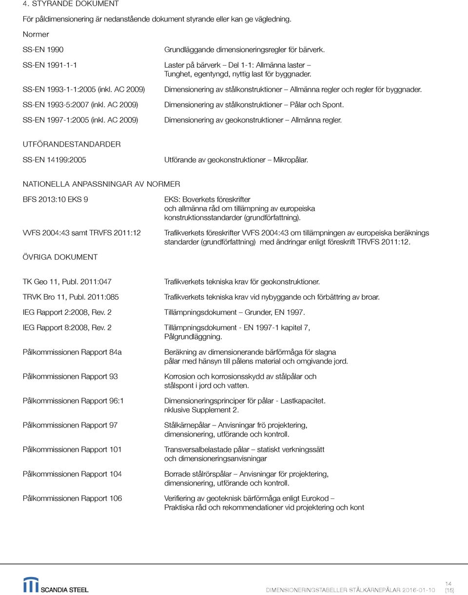 AC 2009) Dimensionering av stålkonstruktioner Allmänna regler och regler för byggnader. Dimensionering av stålkonstruktioner Pålar och Spont. Dimensionering av geokonstruktioner Allmänna regler.