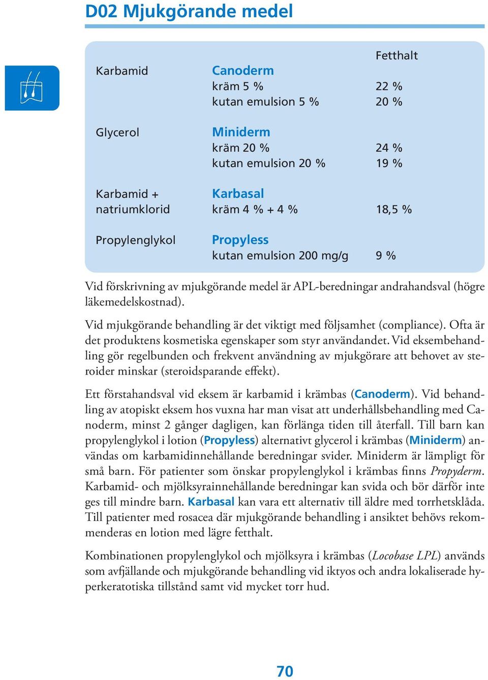 Vid mjukgörande behandling är det viktigt med följsamhet (compliance). Ofta är det produktens kosmetiska egenskaper som styr användandet.