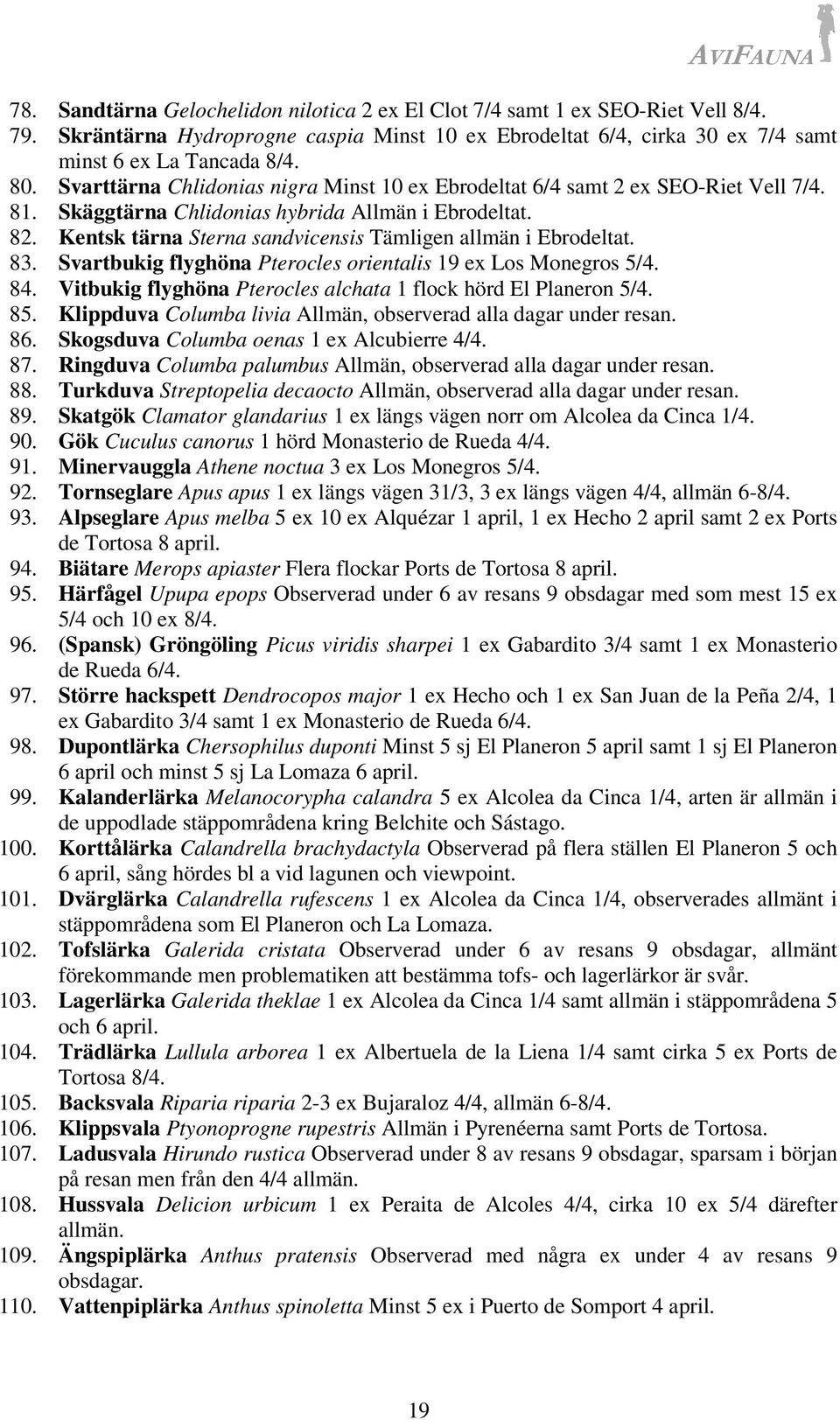 Kentsk tärna Sterna sandvicensis Tämligen allmän i Ebrodeltat. 83. Svartbukig flyghöna Pterocles orientalis 19 ex Los Monegros 5/4. 84.