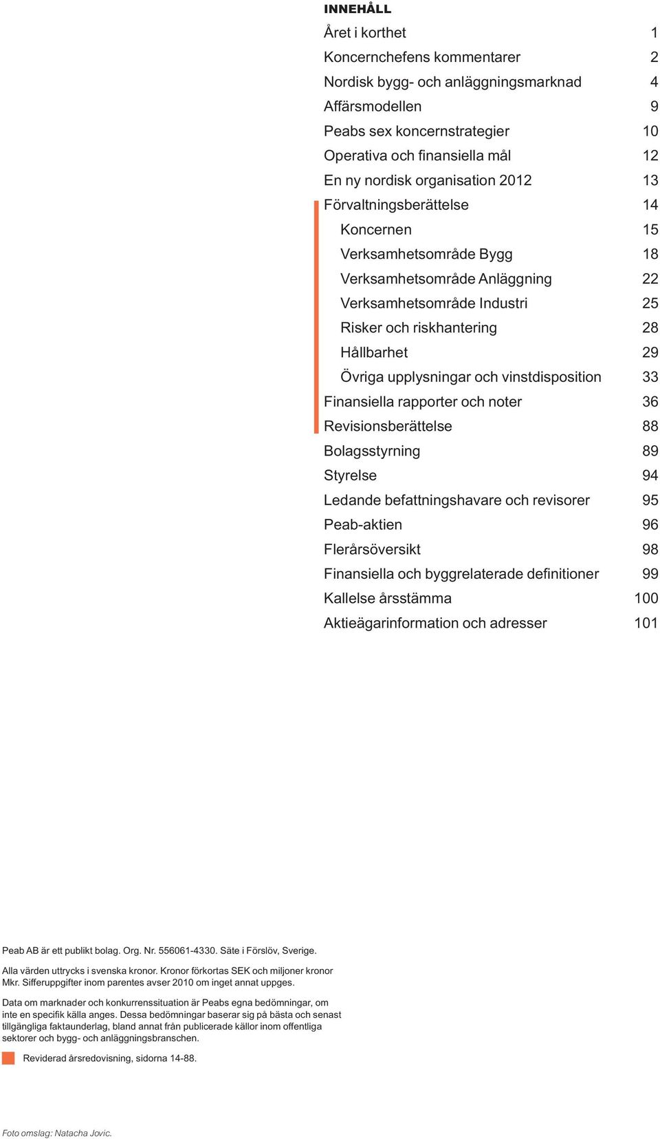 upplysningar och vinstdisposition 33 Finansiella rapporter och noter 36 Revisionsberättelse 88 Bolagsstyrning 89 Styrelse 94 Ledande befattningshavare och revisorer 9 Peab-aktien 96 Flerårsöversikt