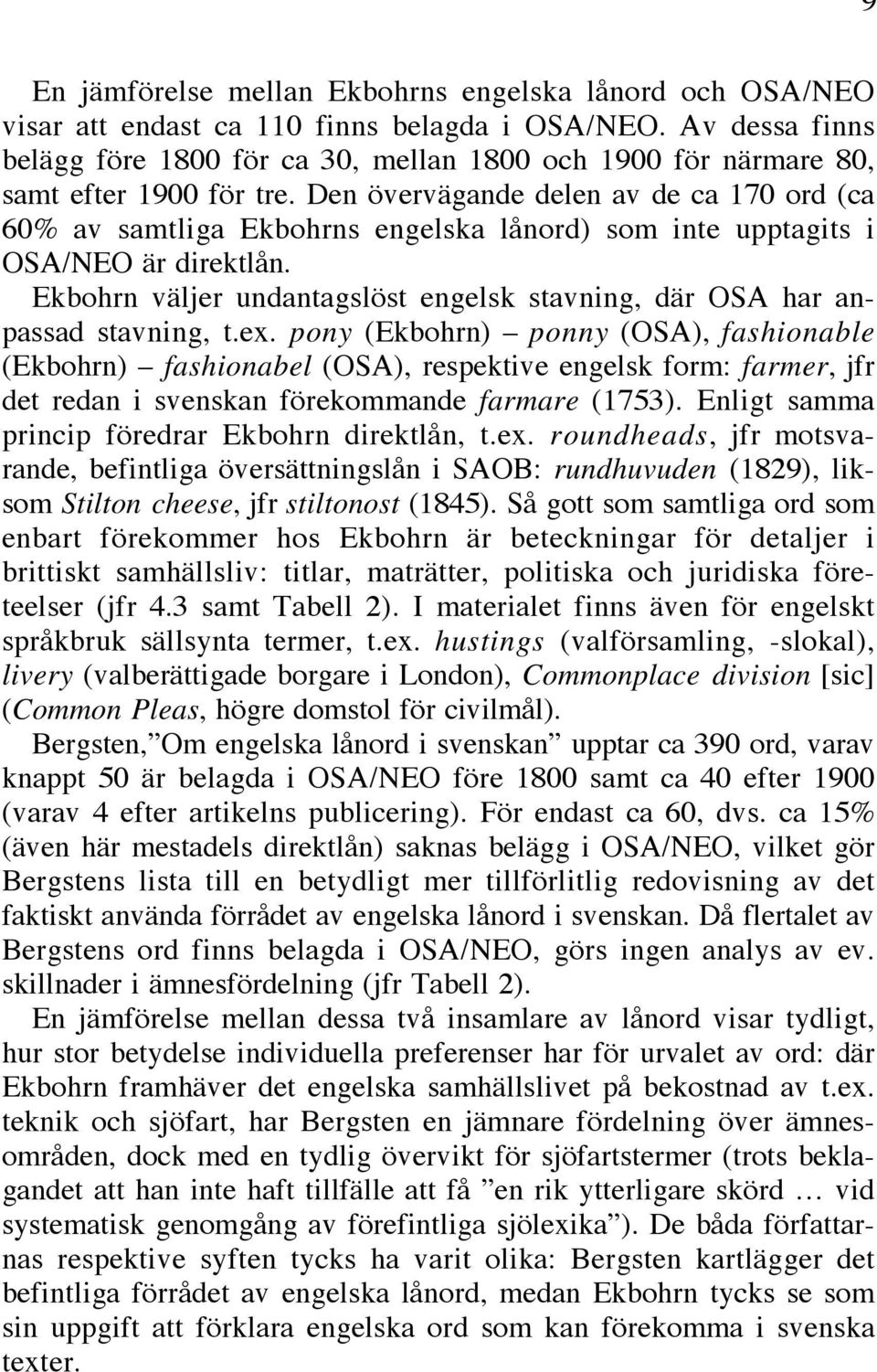 Den övervägande delen av de ca 170 ord (ca 60% av samtliga Ekbohrns engelska lånord) som inte upptagits i OSA/NEO är direktlån.