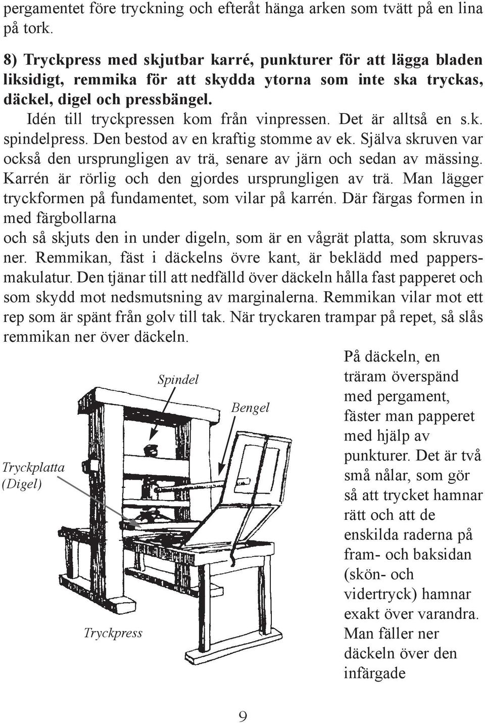 Idén till tryckpressen kom från vinpressen. Det är alltså en s.k. spindelpress. Den bestod av en kraftig stomme av ek.