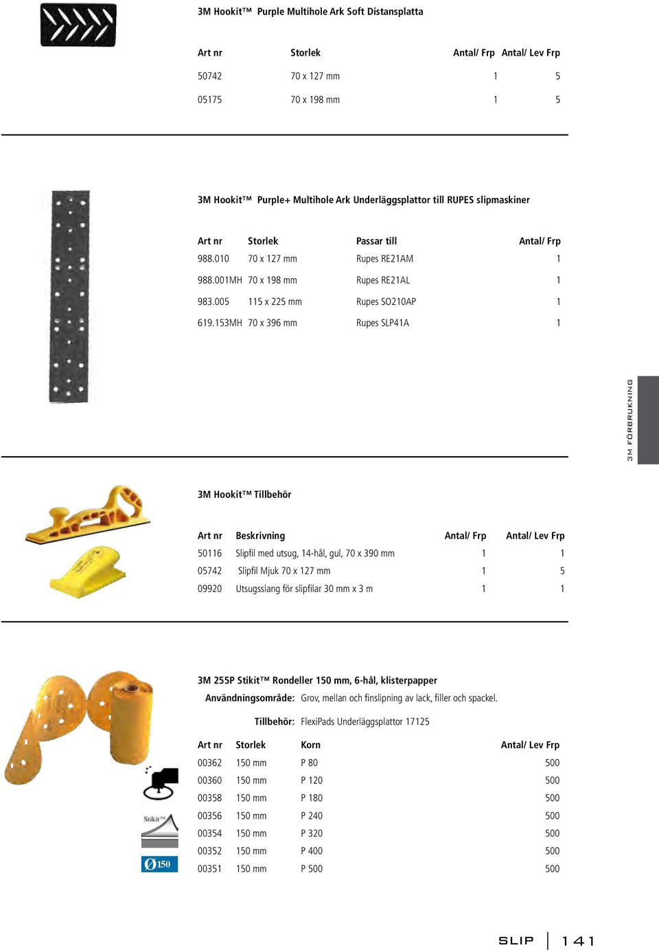 53MH 70 x 396 mm Rupes SLP4A 3M Hookit Tillbehör 506 Slipfil med utsug, 4-hål, gul, 70 x 390 mm 05742 Slipfil Mjuk 70 x 27 mm 5 09920 Utsugsslang för slipfilar 30 mm x 3 m 3M 255P Stikit Rondeller 50