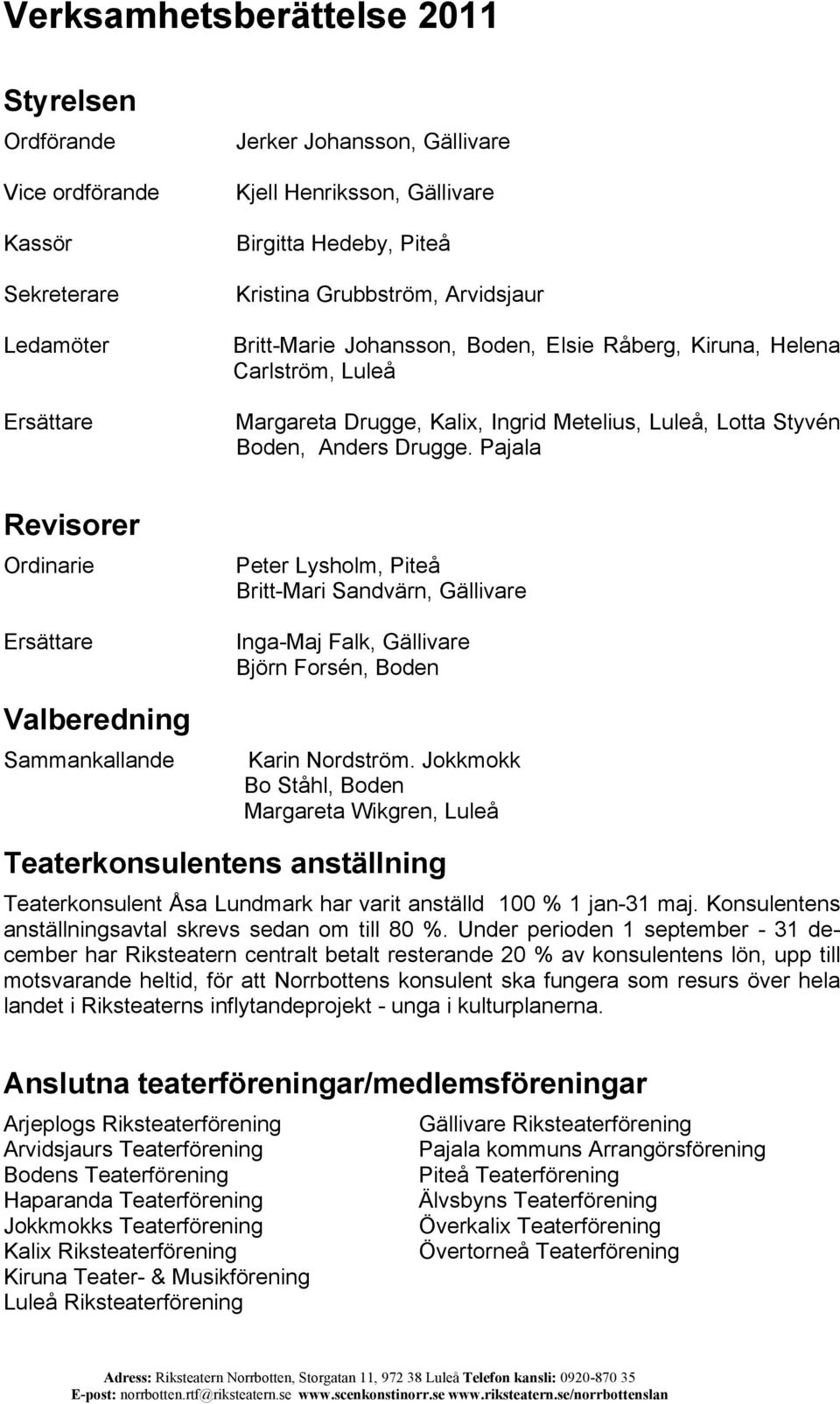 Pajala Revisorer Ordinarie Ersättare Valberedning Sammankallande Peter Lysholm, Piteå Britt-Mari Sandvärn, Gällivare Inga-Maj Falk, Gällivare Björn Forsén, Boden Karin Nordström.