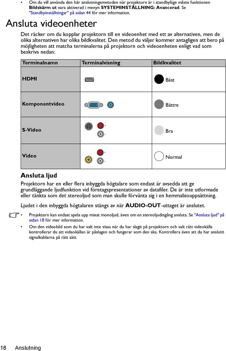 Ansluta videoenheter Det räcker om du kopplar projektorn till en videoenhet med ett av alternativen, men de olika alternativen har olika bildkvalitet.