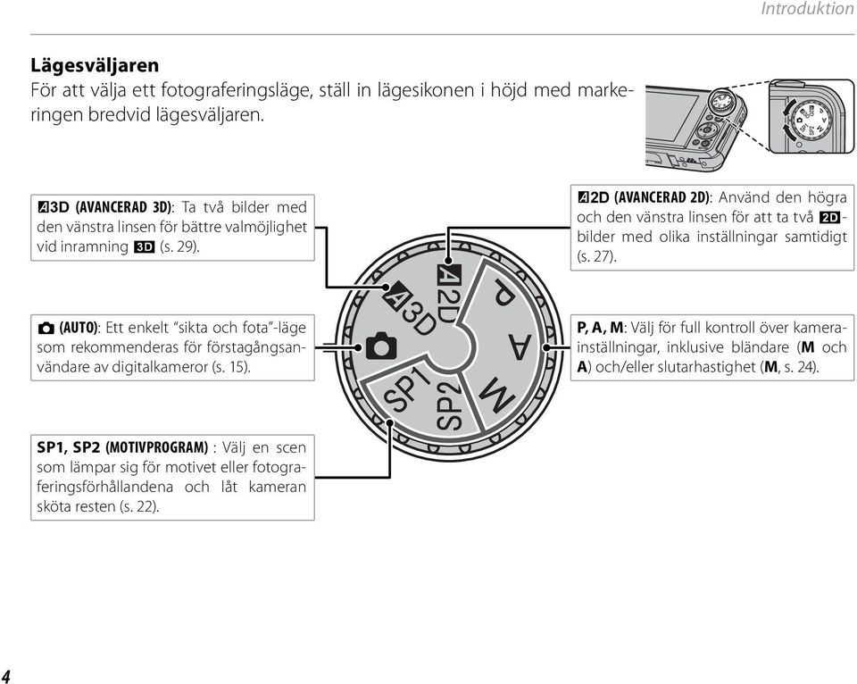 I (AVANCERAD 2D): Använd den högra och den vänstra linsen för att ta två D- bilder med olika inställningar samtidigt (s. 27).