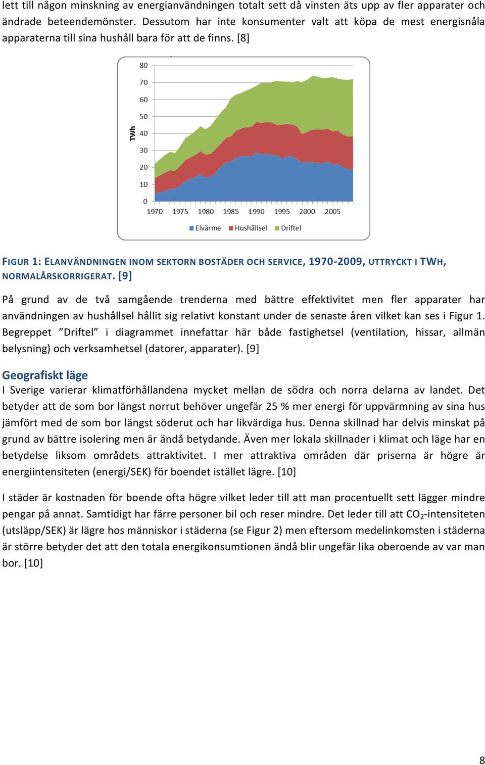 [8] FIGUR 1: ELANVÄNDNINGEN INOM SEKTORN BOSTÄDER OCH SERVICE, 1970-2009, UTTRYCKT I TWH, NORMALÅRSKORRIGERAT.