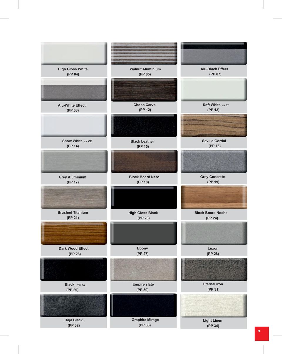 Concrete (PP 19) Brushed Titanium (PP 21) High Gloss Black (PP 23) Block Board Noche (PP 24) Dark Wood Effect (PP 26) Ebony (PP 27)