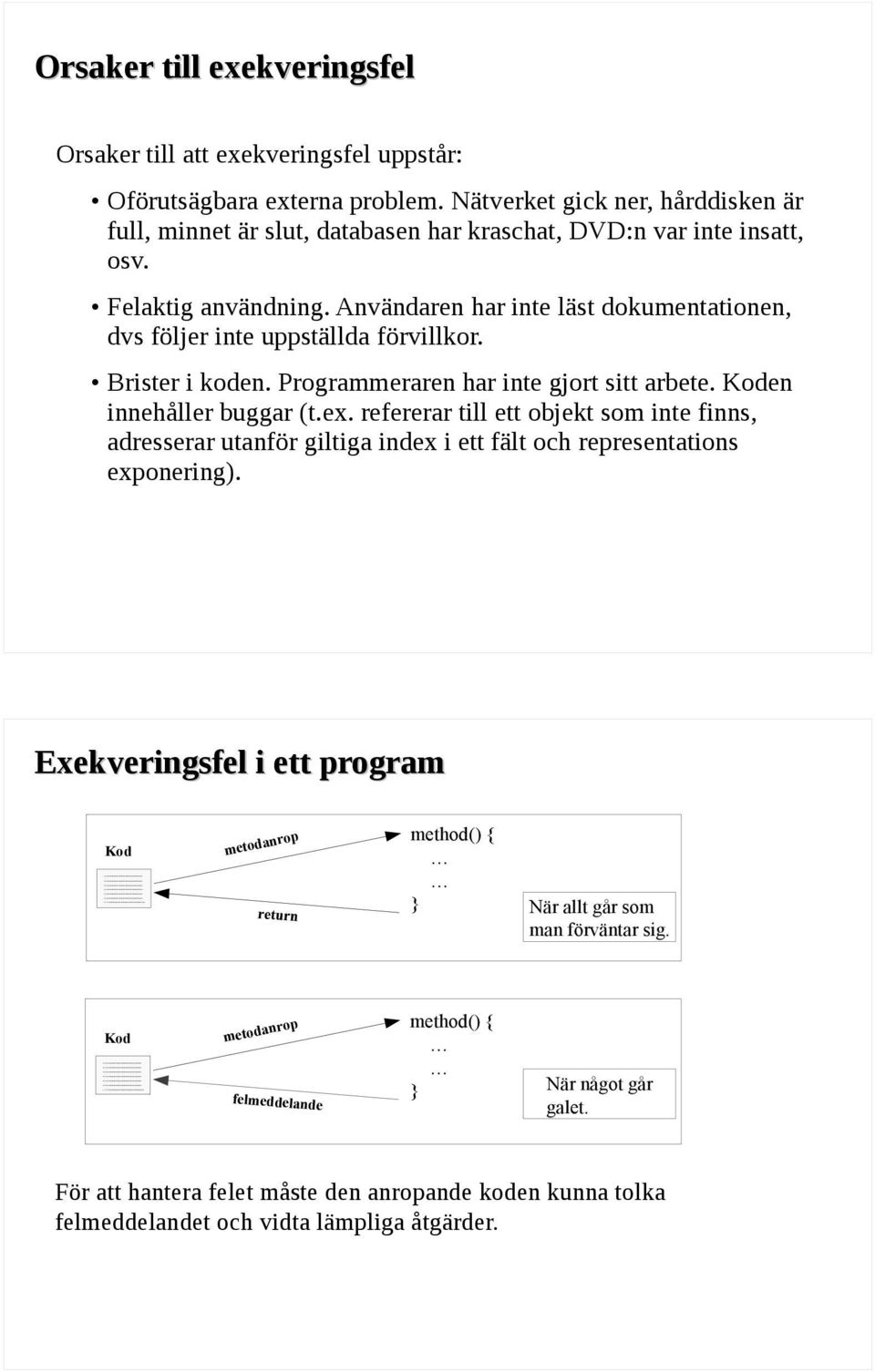 Användaren har inte läst dokumentationen, dvs följer inte uppställda förvillkor. Brister i koden. Programmeraren har inte gjort sitt arbete. Koden innehåller buggar (t.ex.