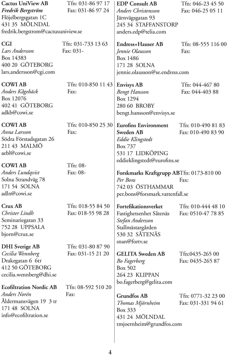 se COWI AB Tfn: 010-850 25 30 Anna Larsson Södra Förstadsgatan 26 211 43 MALMÖ aebl@cowi.se COWI AB Tfn: 08- Anders Lundqvist 08- Solna Strandväg 78 171 54 SOLNA adln@cowi.