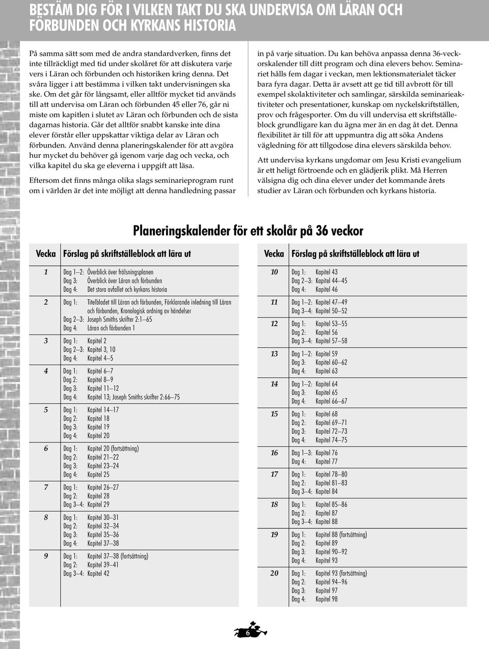 Om det går för långsamt, eller alltför mycket tid används till att undervisa om Läran och förbunden 45 eller 76, går ni miste om kapitlen i slutet av Läran och förbunden och de sista dagarnas