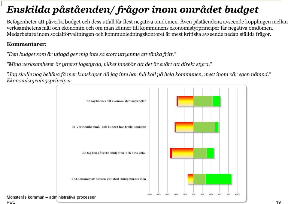 Medarbetare inom socialförvaltningen och kommunledningskontoret är mest kritiska avseende nedan ställda frågor.