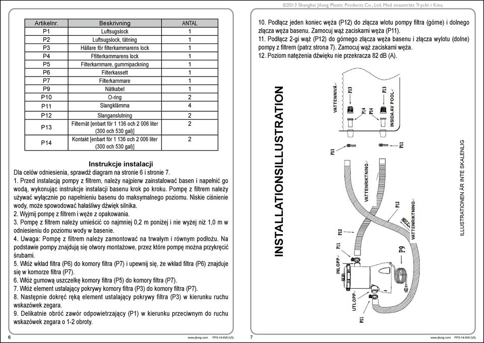 P9 Nätkabel 1 P10 O-ring 2 P11 Slangklämma 4 P12 Slanganslutning 2 P13 Filternät [enbart för 1 136 och 2 006 liter 2 (300 och 530 gal)] P14 Kontakt [enbart för 1 136 och 2 006 liter 2 (300 och 530