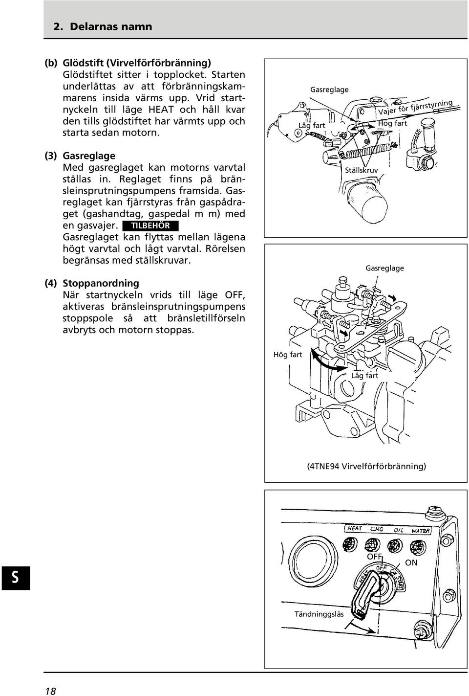 Gasreglage Låg fart Vajer för fjärrstyrning Hög fart (3) Gasreglage Med gasreglaget kan motorns varvtal ställas in. Reglaget finns på bränsleinsprutningspumpens framsida.