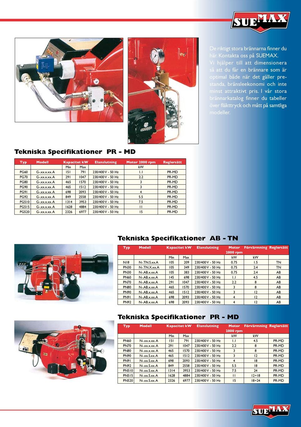 I vår stora brännarkatalog finner du tabeller över fläkttryck och mått på samtliga modeller.