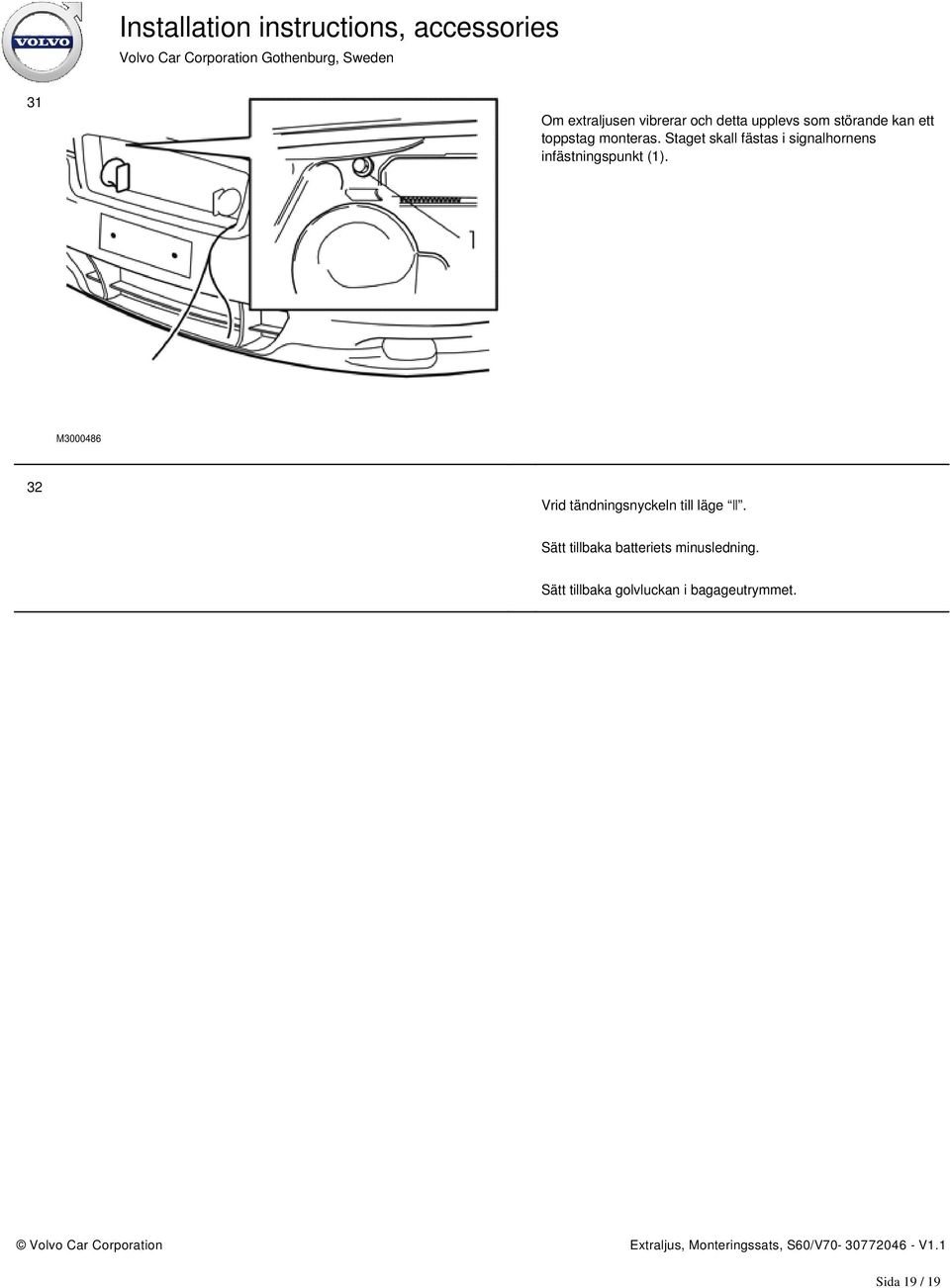 Staget skall fästas i signalhornens infästningspunkt (1).