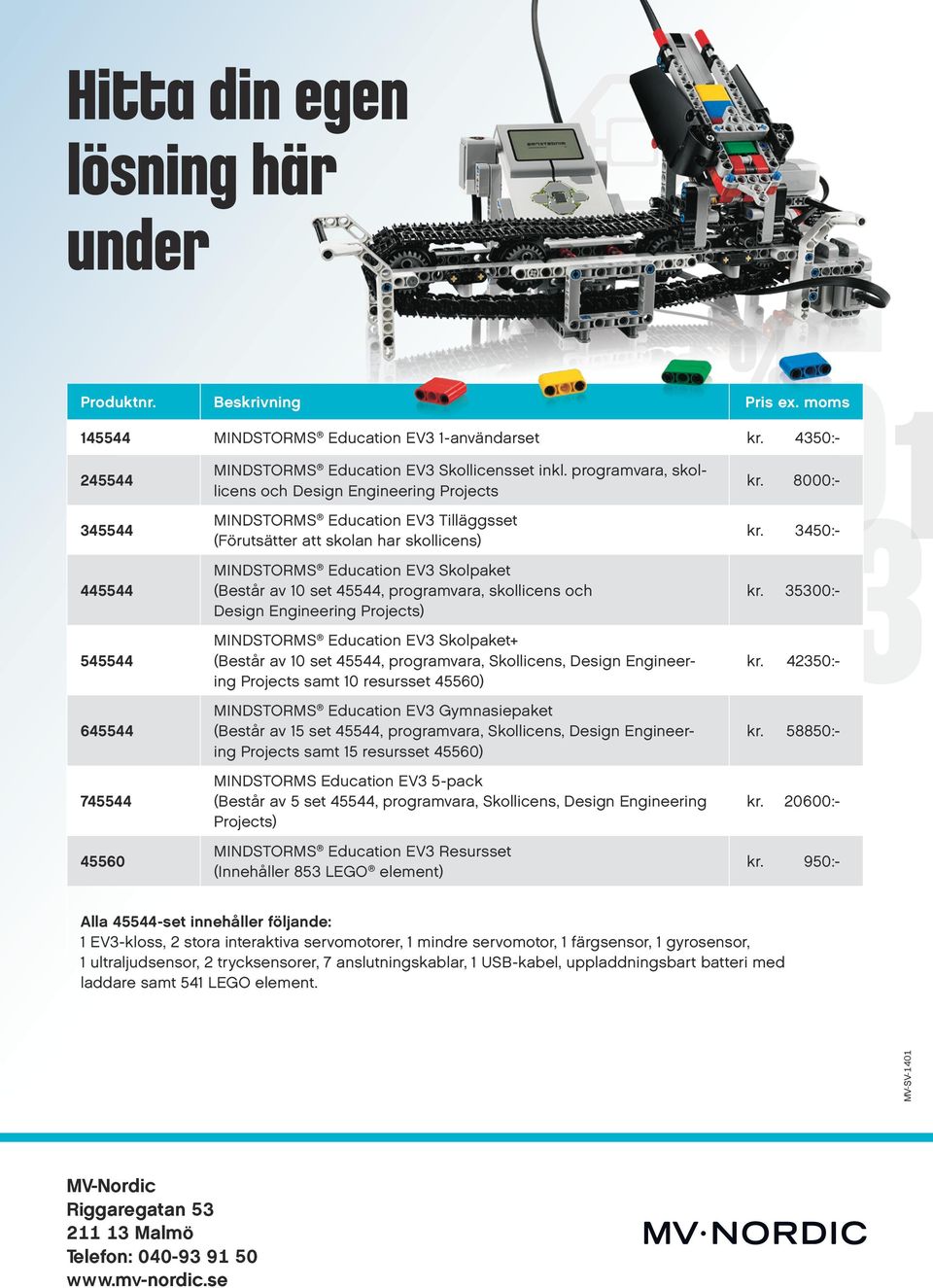 programvara, skollicens och Design Engineering Projects MINDSTORMS Education EV3 Tilläggsset (Förutsätter att skolan har skollicens) MINDSTORMS Education EV3 Skolpaket (Består av 10 set 45544,