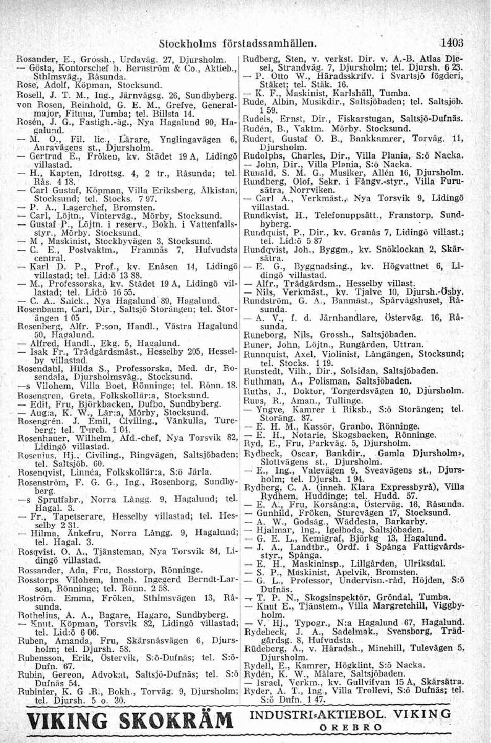 Saltsjöb. - 1 59. R ~ ~ J. & G., ~ ~~sfi~~.-ä~.,, ~ ~ 90, ~ Rudels, ~ Ernst, Dir, l Fiskarstugan, ~ ~ Saltsjö-Dufnäs. d galund. Rudén, B., Yakrn.. Morby. Stocksund. - M. O., Fil.