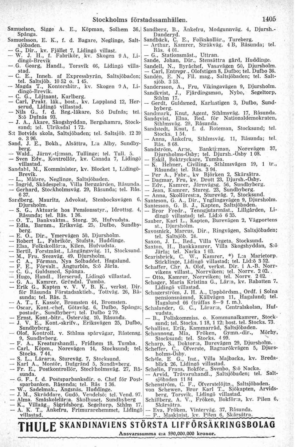 Skogen 9 A, Lidingö-Brevik. - C. G., Löjtnant, Karlberg. - Cai-l, Prakt. läk., bost., kv. Lappland 12, Herserud, Lidingö - Nils G., f. d. R%.-läkare, S:ö Dufnas; tel. S:ö Dufnäs 93. - J. A., Akare, Skogshyddan, Bergshamra, Storksund; tel.