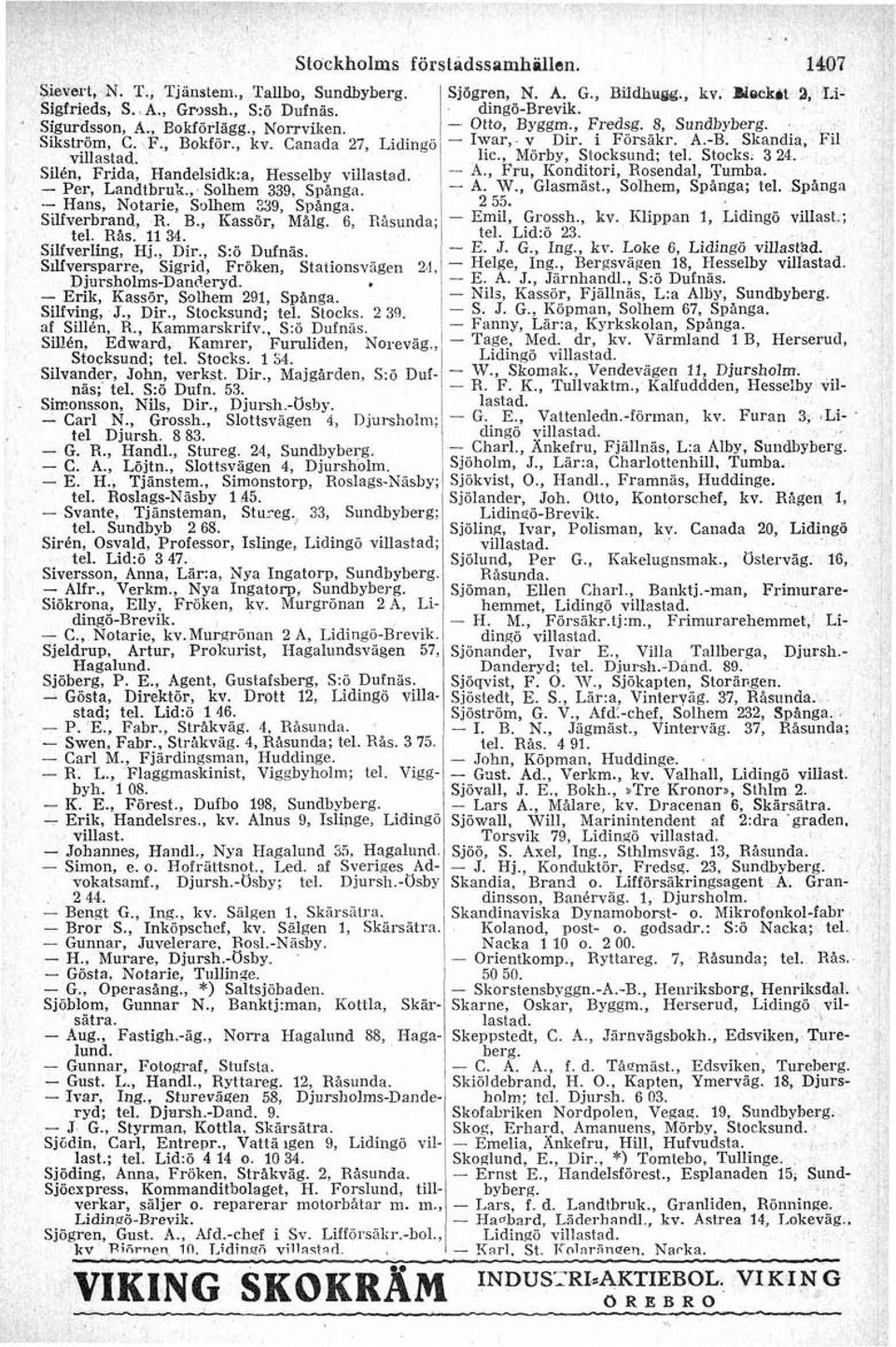 , Morby, Stocksund; te]. Stocks. 3 24. Sil& Frida, Handelsidk:a, Hesselby - A.. Fru, Konditori, Rosendal, Tumba. - Per, Landtbrnk., Solhem 339, Spånga. 1 - A. W., Glasmäst., Solhem, Spinga; tel.