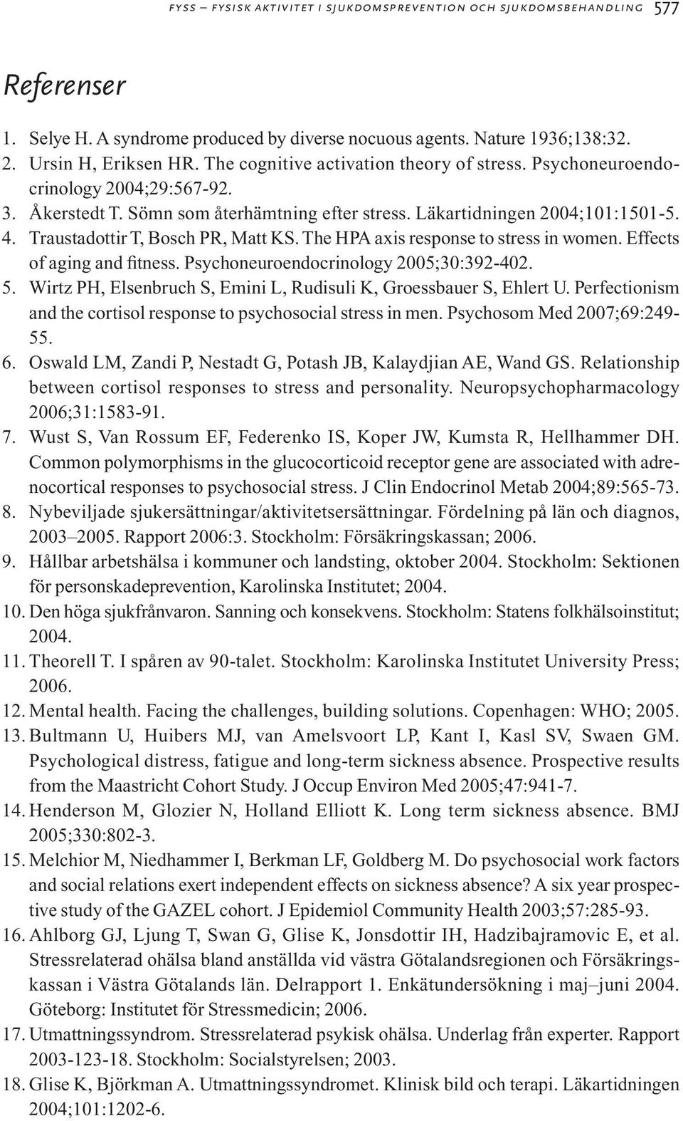 Traustadottir T, Bosch PR, Matt KS. The HPA axis response to stress in women. Effects of aging and fitness. Psychoneuroendocrinology 2005;30:392-402. 5.