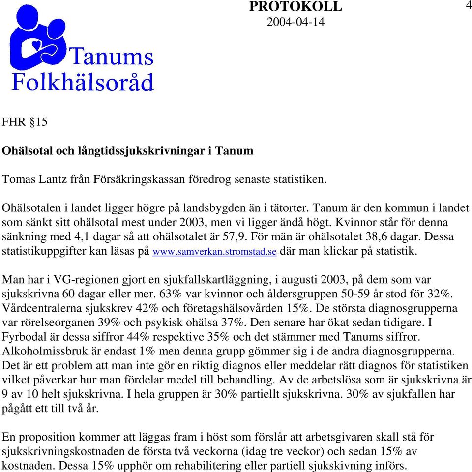 För män är ohälsotalet 38,6 dagar. Dessa statistikuppgifter kan läsas på www.samverkan.stromstad.se där man klickar på statistik.