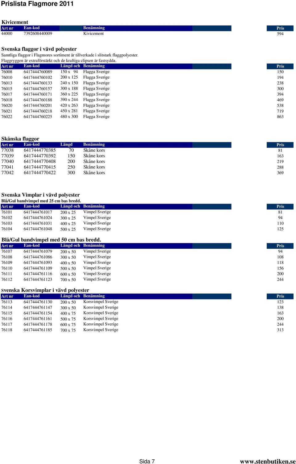 Art nr Ean-kod Längd och Benämning Pris 76008 6417444760089 150 x 94 Flagga Sverige 150 76010 6417444760102 200 x 125 Flagga Sverige 194 76013 6417444760133 240 x 150 Flagga Sverige 238 76015