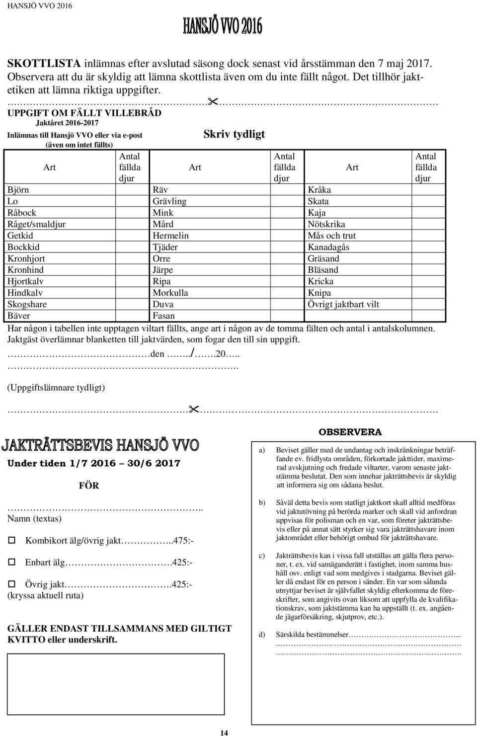 UPPGIFT OM FÄLLT VILLEBRÅD Jaktåret 2016-2017 Inlämnas till Hansjö VVO eller via e-post Skriv tydligt (även om intet fällts) Art Antal fällda djur Art Antal fällda djur Björn Räv Kråka Lo Grävling