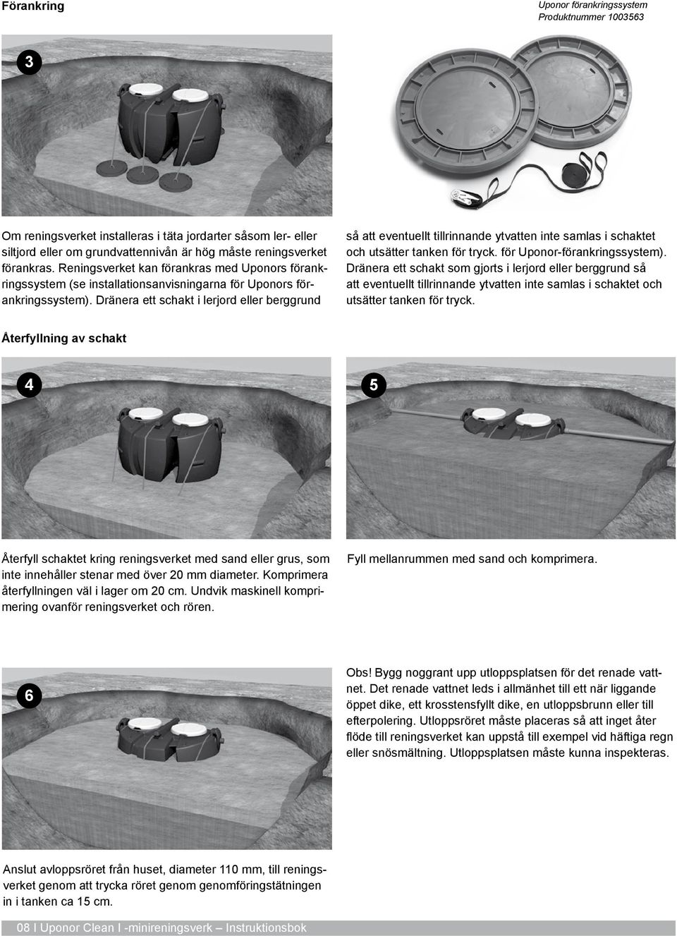 Dränera ett schakt i lerjord eller berggrund så att eventuellt tillrinnande ytvatten inte samlas i schaktet och utsätter tanken för tryck. för Uponor-förankringssystem).