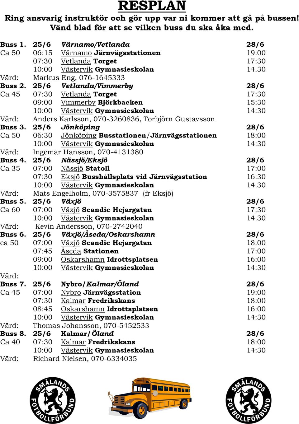 25/6 Vetlanda/Vimmerby 28/6 Ca 45 07:30 Vetlanda Torget 17:30 09:00 Vimmerby Björkbacken 15:30 10:00 Västervik Gymnasieskolan 14:30 Värd: Anders Karlsson, 070-3260836, Torbjörn Gustavsson Buss 3.