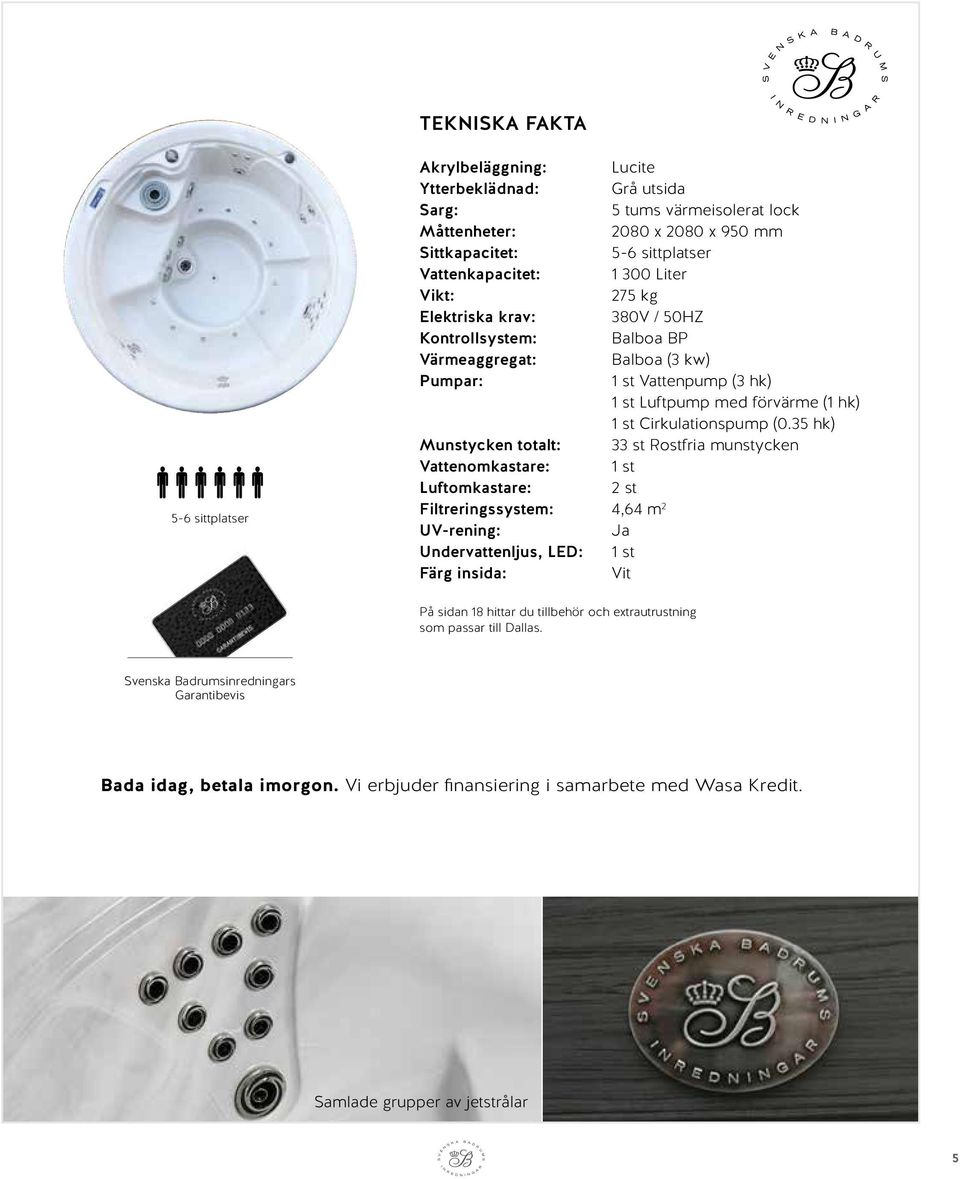 275 kg Elektriska krav: 380V / 50HZ Kontrollsystem: Balboa BP Värmeaggregat: Balboa (3 kw) Pumpar: 1 st Vattenpump (3 hk) 1 st Luftpump med förvärme (1 hk) 1 st Cirkulationspump (0.