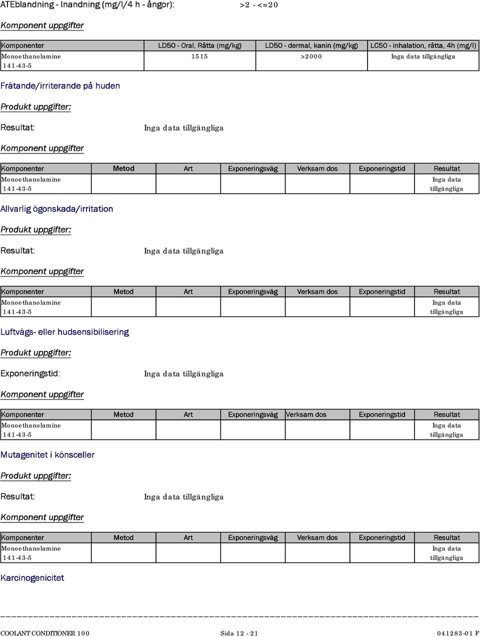 Exponeringstid Resultat Inga data tillgängliga Luftvägs-elerhudsensibilisering Exponeringstid: Metod Art Exponeringsväg Verksam dos Exponeringstid Resultat Inga data