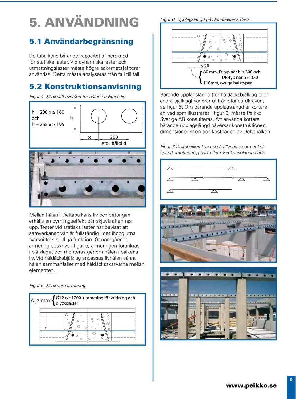 Minimalt avstånd för hålen i balkens liv h = 200 x 160 och h = 265 x 195 h x 300 std.