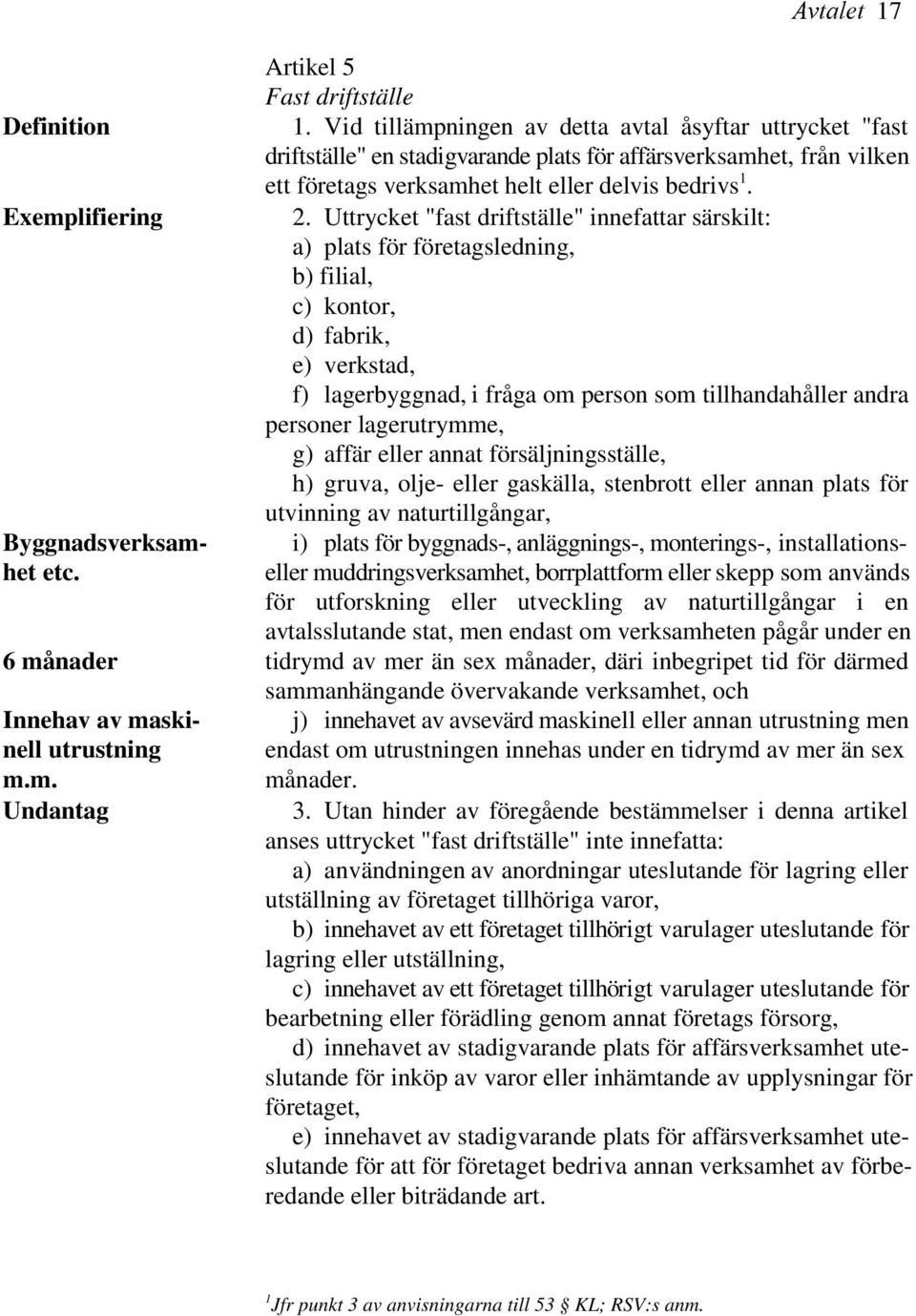 Uttrycket "fast driftställe" innefattar särskilt: a) plats för företagsledning, b) filial, c) kontor, d) fabrik, e) verkstad, f) lagerbyggnad, i fråga om person som tillhandahåller andra personer