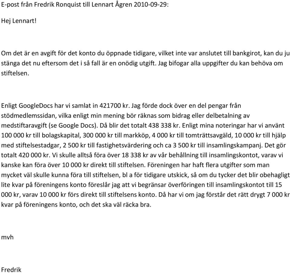 Jag bifogar alla uppgifter du kan behöva om stiftelsen. Enligt GoogleDocs har vi samlat in 421700 kr.