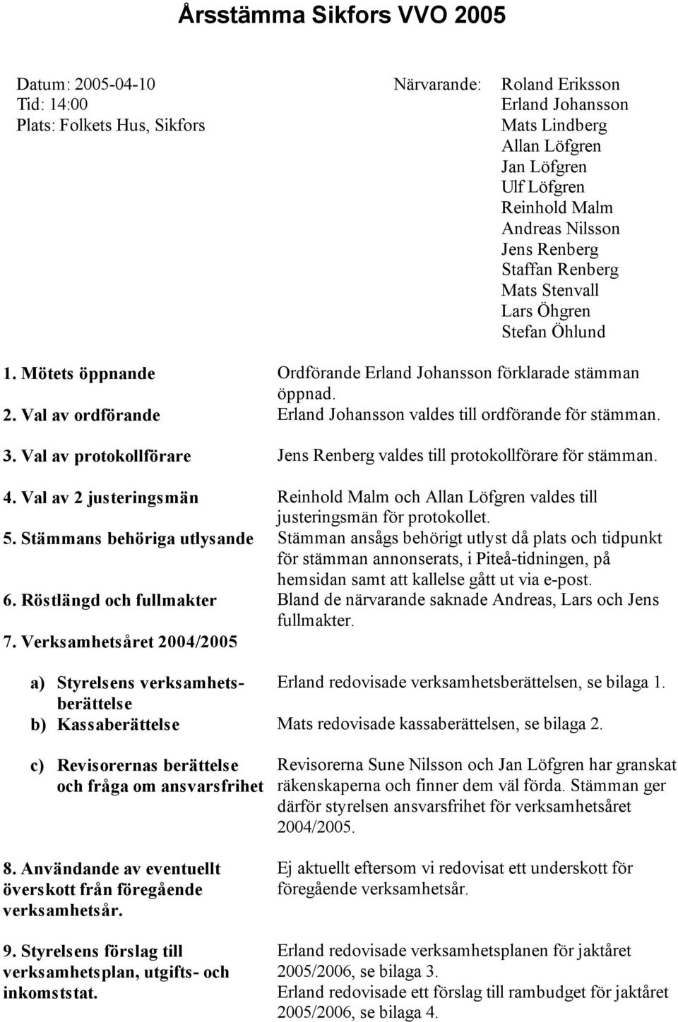 Val av ordförande Erland Johansson valdes till ordförande för stämman. 3. Val av protokollförare Jens Renberg valdes till protokollförare för stämman. 4.