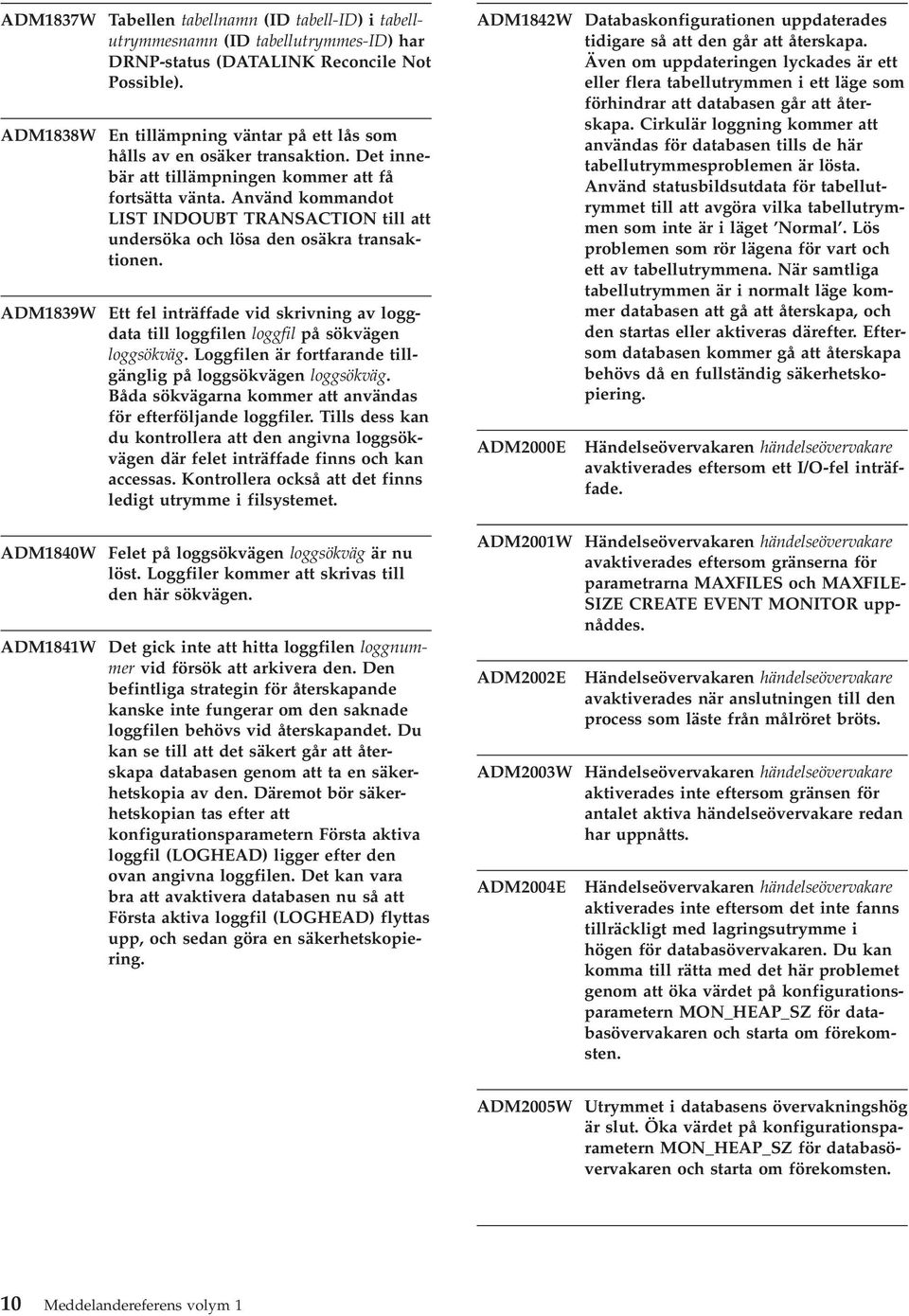 Använd kommandot LIST INDOUBT TRANSACTION till att undersöka och lösa den osäkra transaktionen. ADM1839W Ett fel inträffade vid skrivning av loggdata till loggfilen loggfil på sökvägen loggsökväg.