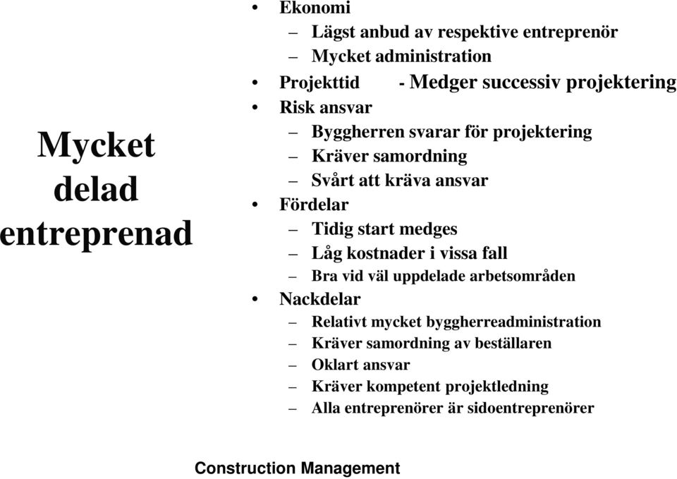 Tidig start medges Låg kostnader i vissa fall Bra vid väl uppdelade arbetsområden Nackdelar Relativt mycket